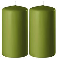 2x Olijf Groene Cilinderkaarsen/stompkaarsen 6 X 15 Cm 58 Branduren - Geurloze Kaarsen Olijf Groen - Woondecoraties