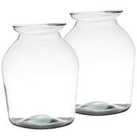 Set Van 2x Stuks Bloemenvazen Van Gerecycled Glas Met Hoogte 26 Cm En Diameter 18 Cm - Glazen Transparante Vazen