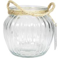 Glazen Ronde Windlicht Ribbel 1,5 Liter Met Touw Hengsel/handvat 12 X 10,5 Cm - 1500 Ml - Kaarsen - Waxinelichtjes