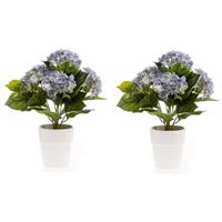 2x Kunstplant Hortensia Blauw In Pot 37 Cm - Kamerplant Blauwe Hortensia