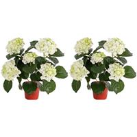 2x Kunstplant Hortensia Plant Wit/groen 36 Cm - Kunstplanten/nepplanten