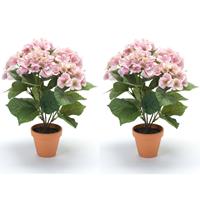 Set Van 2x Stuks Roze Hortensia Kunstplant In Kunststof Pot 40 Cm - Kunstplanten /Nepplanten - Hortensia Planten In Pot