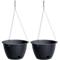 2x Stuks Antraciet Hangende Ratolla Bloempotten/plantenpotten Rotan Met Schotel 3,4 Liter - 22 Cm - Tuin Hangdecoratie