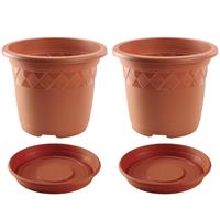 2x Stuks Bloempotten Met Onder Opvangschaal In Kleur Terra Cotta - Rond Diameter Pot 29 Cm - Plantenpotten/bakken