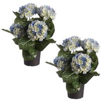 Set Van 2x Stuks Blauwe Hortensia Kunstplanten In Zwarte Kunststof Pot 44 Cm - Hydrangea - Woondecoratie