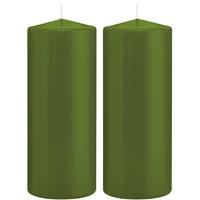 2x Olijfgroene Cilinderkaarsen/stompkaarsen 8 X 20 Cm 119 Branduren - Geurloze Kaarsen Olijf Groen - Woondecoraties