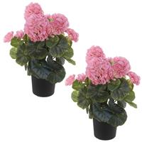 Set Van 2x Stuks Roze Geranium Kunstplanten In Zwarte Kunststof Pot 35 Cm - Pelargonium Graveolens - Woondecoratie