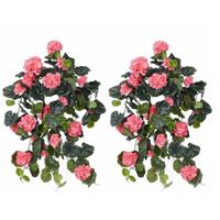 2x Roze Geranium Kunstplant Hangplant 70 Cm - Kunstplanten/nepplanten - Hangplanten