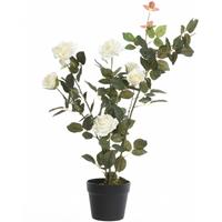 Groene/witte Rosa/rozenstruik Kunstplant 80 Cm In Zwarte Plastic Pot - Kunstplanten/nepplanten