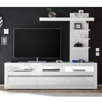 TV-Lowboard in weiß Hochglanz inkl. LED und mit Griffmulden mit Aufsatzregal COGO-61 BxHxT: 217x163x42cm