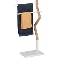 RELAXDAYS Handtuchhalter stehend, Handtuchständer mit 2 Stangen, für Hand- & Geschirrtücher, Holz & Metall, weiß/natur