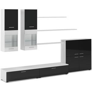 Skraut Home - Mural Tv Furniture, 300x189x42 Cm, Led-verlichtingssysteem, Black Shine, Matt White