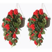 2x Rode Geranium Kunstplant Hangplant 70 Cm - Kunstplanten/nepplanten - Hangplanten