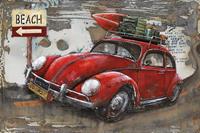 Karo-art Schilderij - Metaalschilderij - Beach Oldtimer, 120x80cm