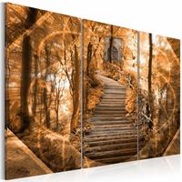 Karo-art Schilderij - Stairway to heaven, bos , oranje bruin , 3 luik