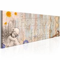 Karo-art Schilderij - House + Love = Home Vintage , beige , hout look