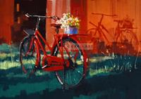 Karo-art Schilderij - Rode fiets met bloemen (print van handgeschilderd), Multikleur , Wanddecoratie