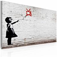 Karo-art Schilderij - Banksy - Meisje met TV, Zwart-Wit, 40x60cm , wanddecoratie , premium print op canvas