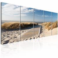 Karo-art Schilderij - Vakantie aan zee , strand , blauw beige , 5 luik