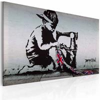 Karo-art Schilderij - Banksy - Union Jack Kid, Zwart/Wit, 40x60cm ,wanddecoratie , premium print op canvas