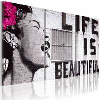 Karo-art Schilderij - Banksy - Life is Beautiful, Zwart-Wit/Roze, 3luik, Premium print