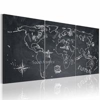 Karo-art Schilderij - Wereldkaart - Globetrotter, Krijtbord Look, Zwart-Wit, 3luik , premium print op canvas