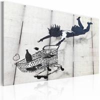 Karo-art Schilderij - Banksy - Winkelwagentje, Zwart-Wit 40x60cm , wanddecoratie , premium print op canvas