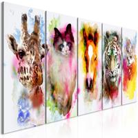 Karo-art Schilderij - Dieren in Waterverfkleuren , 5 luik