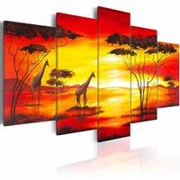 Karo-art Schilderij - Giraffen met zonsondergang, Afrika, Oranje/Geel, 5luik, print op canvas