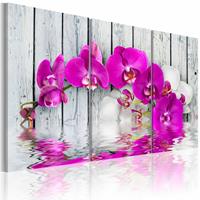 Karo-art Schilderij - Orchideeën in harmonie , roze hout look , 3 luik