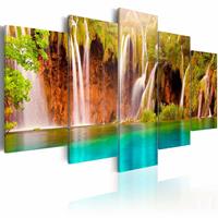 Karo-art Schilderij - Prachtige Waterval, Groen/Blauw/Bruin, 5luik , premium print op canvas