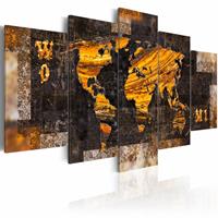 Karo-art Schilderij - Wereldkaart - Wereld van Goud, 5luik , bruin oranje , wanddecoratie , premium print op canvas