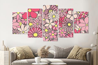 Karo-art Schilderij -Roze bloemen, 5 luik, 200x100cm, Wanddecoratie