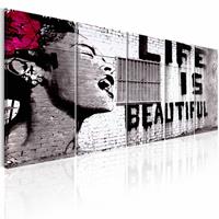 Karo-art Schilderij - Banksy: Life is Beautiful , 5 luik , rode bloem