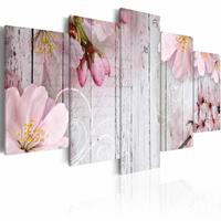 Karo-art Schilderij - Bloemen op planken , wit roze , hout look , 5 luik