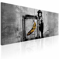 Karo-art Schilderij - Banksy: Aap met Frame , grijs , 5 luik