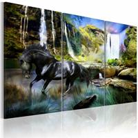 Karo-art Schilderij - Zwart Paard voor Waterval VI, Wanddecoratie , print op canvas , 5luik