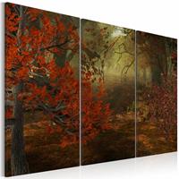 Karo-art Schilderij - Bos, Rood/Groen, 3luik , premium print op canvas