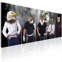 Karo-art Schilderij - Andere Gezichten , mannen met dierenmasker , 5 luik