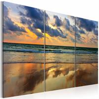 Karo-art Schilderij - Zonsondergang Noordzee, 3luik , oranje blauw , wanddecoratie , premium print op canvas