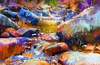 Karo-art Afbeelding op acrylglas - Waterval met kleurrijke stenen (digitale kunst)