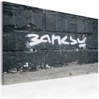 Karo-art Schilderij - Banksy - Handtekening 40x60cm , wit grijs , wanddecoratie , premium print op canvas