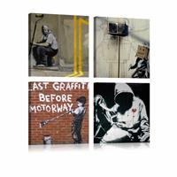 Karo-art Schilderij - Banksy - Street Art Collage, 4luik , multikleur , wanddecoratie , premium print op canvas