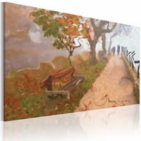 Karo-art Schilderij - Herfst promenade , groen beige