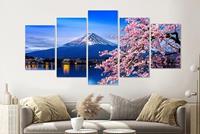 Karo-art Schilderij - Kersenbloesem en mount Fuji, 5 luik, 200x100cm Wanddecoratie, premium print