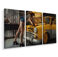 Karo-art Schilderij - Gele taxi in de garage, pin-up, 3 luik, premium print