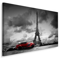 Karo-art Schilderij - Oldtimer voor de Eiffeltoren in Parijs, zwart-wit/rood, 4 maten, premium print