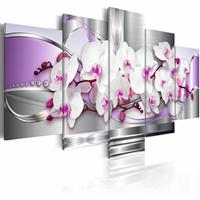 Karo-art Schilderij - Orchidee en fantasie , wit lila , zilver look , 5 luik