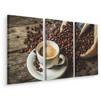 Karo-art Schilderij - Een kop hete koffie en bonen, horeca, 3 luik, premium print