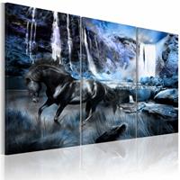 Karo-art Schilderij - Zwart Paard voor Waterval II, zwart/blauw, Wanddecoratie , premium print, 3luik